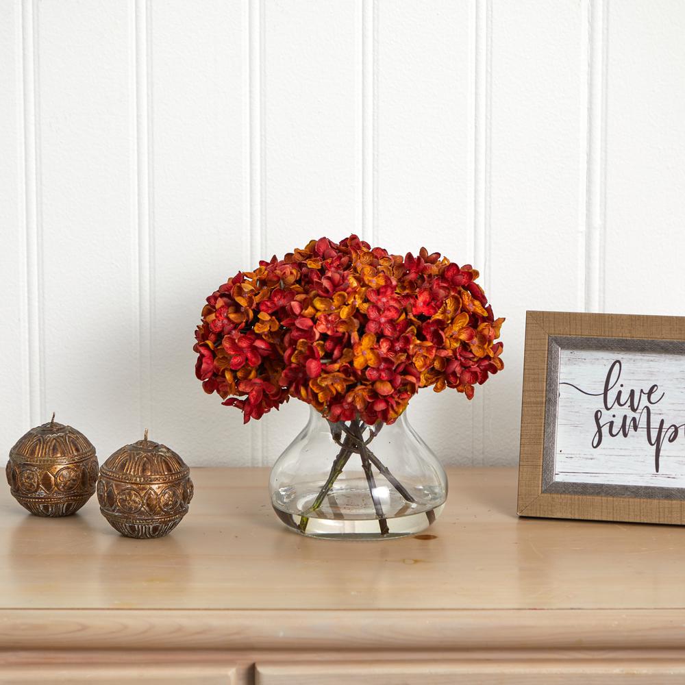 8.5in. H Hydrangea Silk Flower Arrangement with Glass Vase, Rust. Picture 4