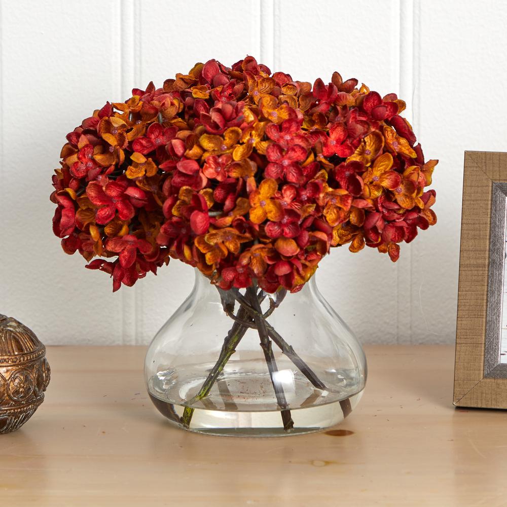 8.5in. H Hydrangea Silk Flower Arrangement with Glass Vase, Rust. Picture 5