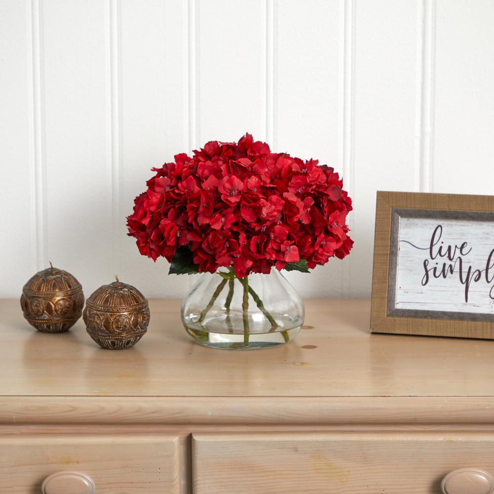 8.5in. Red Hydrangea Silk Flower Arrangement with Glass Vase. Picture 7
