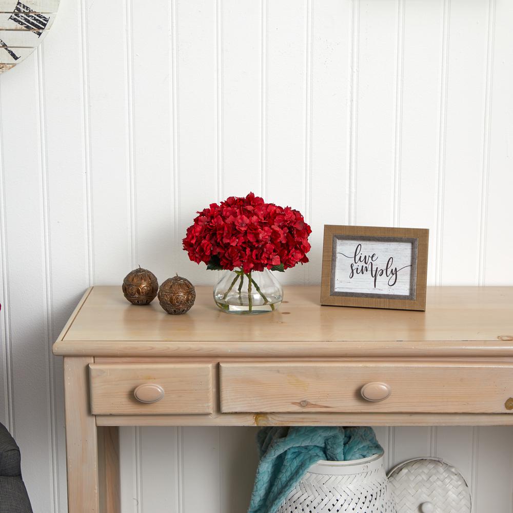 8.5in. Red Hydrangea Silk Flower Arrangement with Glass Vase. Picture 5