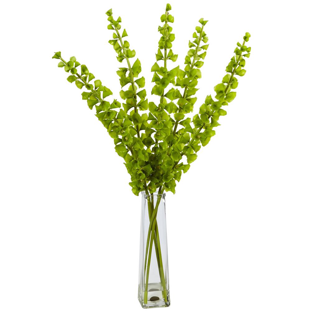 Bells of Ireland Silk Arrangement in Pyramid Glass Vase. Picture 1