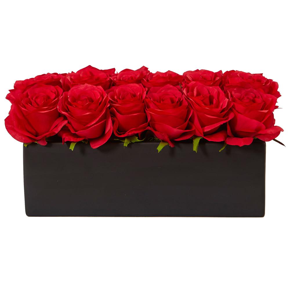 Dozen Silk Roses in Ceramic Rectangular Planter, Red. Picture 1