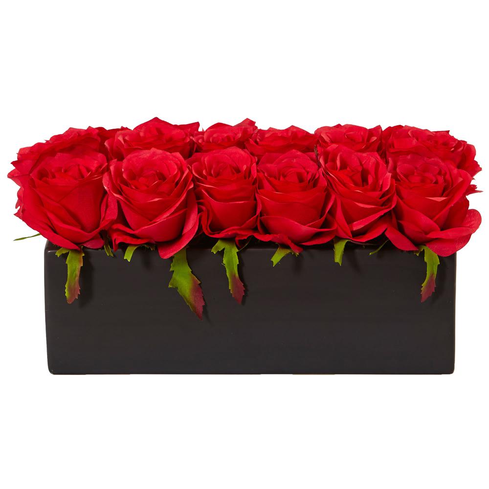 Dozen Silk Roses in Ceramic Rectangular Planter, Red. Picture 6