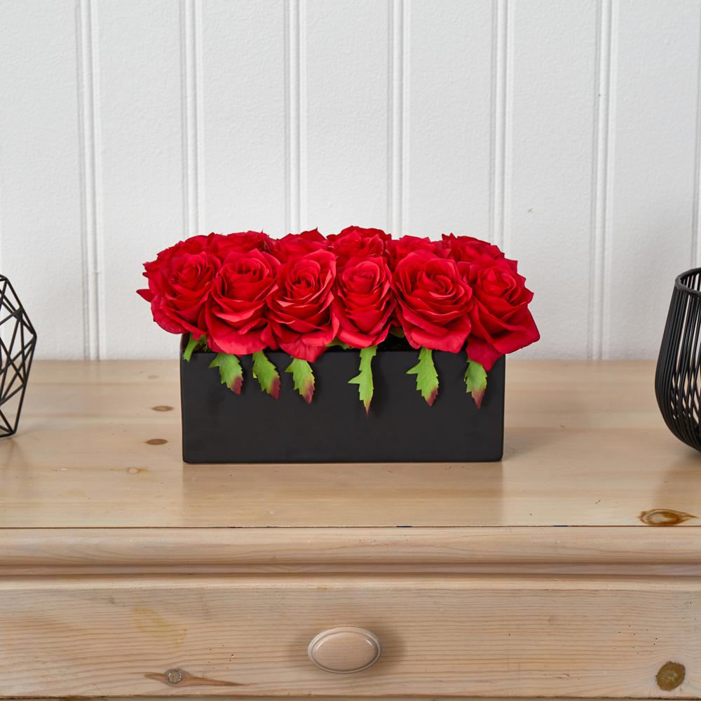 Dozen Silk Roses in Ceramic Rectangular Planter, Red. Picture 3