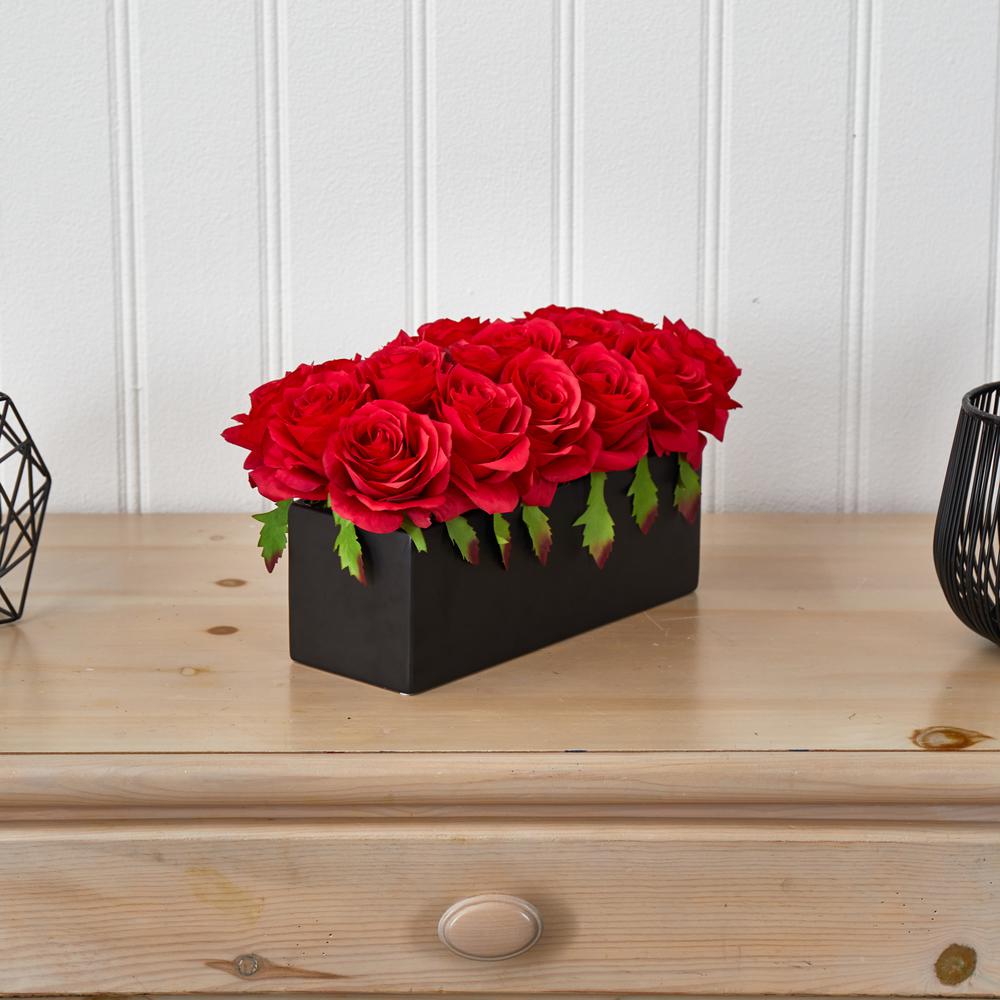 Dozen Silk Roses in Ceramic Rectangular Planter, Red. Picture 5