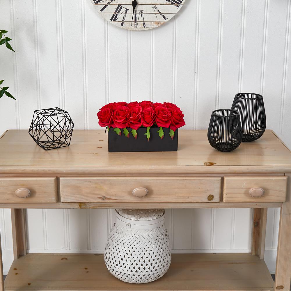 Dozen Silk Roses in Ceramic Rectangular Planter, Red. Picture 7