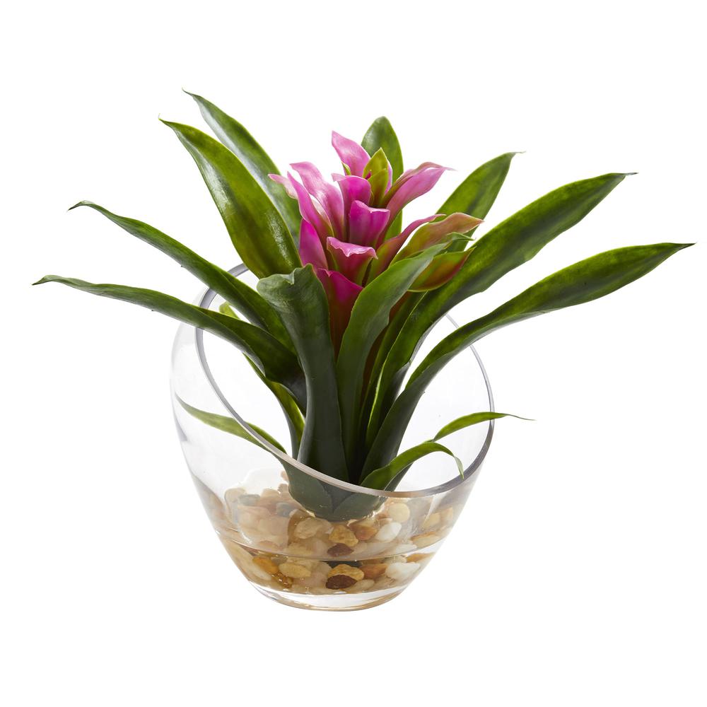 8in. Tropical Bromeliad in Angled Vase Artificial Arrangement, Purple. Picture 1