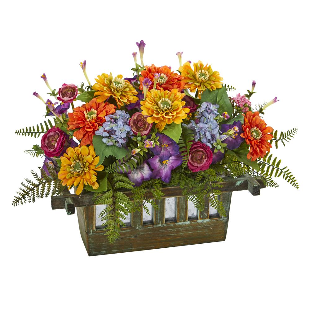 Mixed Floral Artificial Arrangement in Rectangular Wood Planter. Picture 1