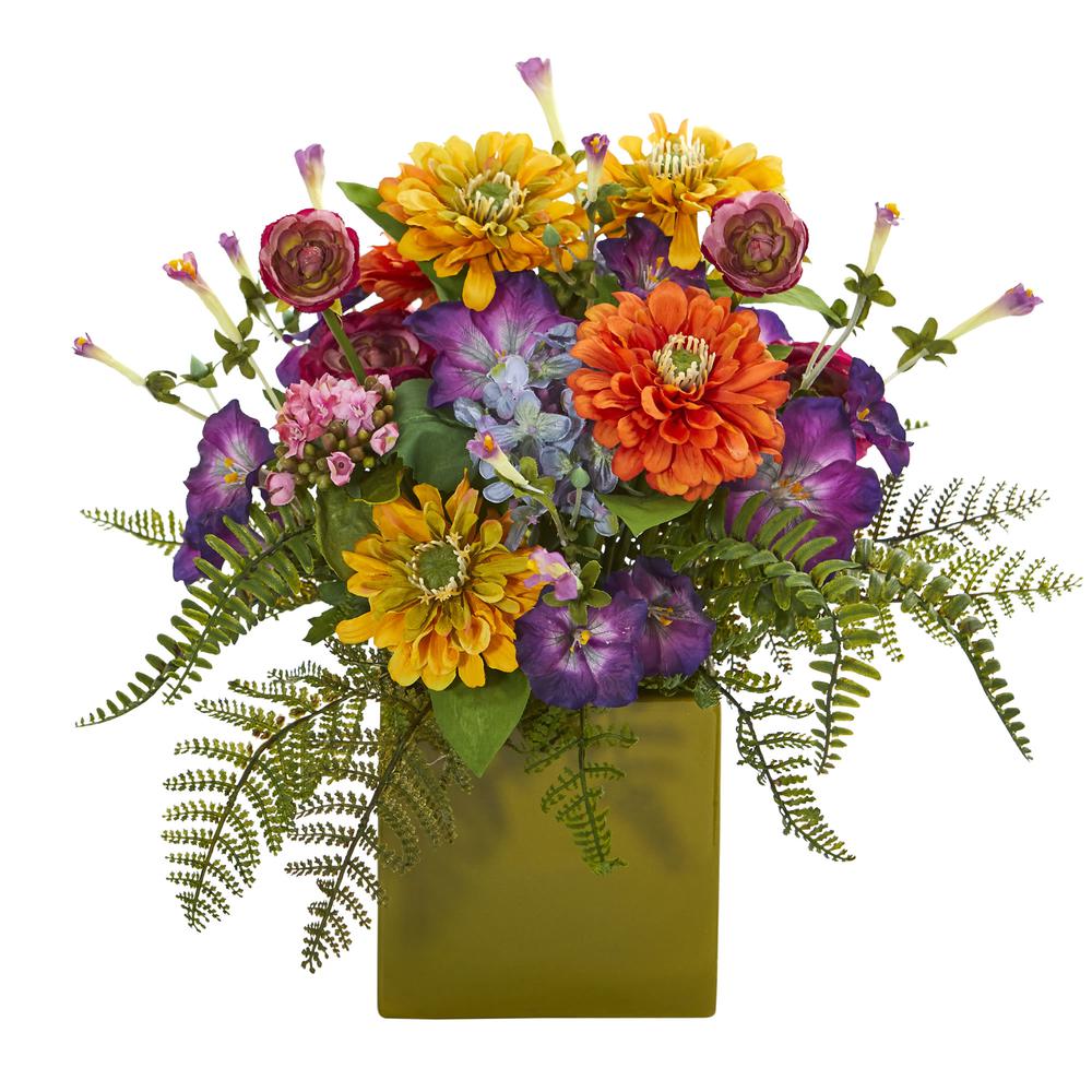 Mixed Floral Artificial Arrangement in Green Vase. Picture 1