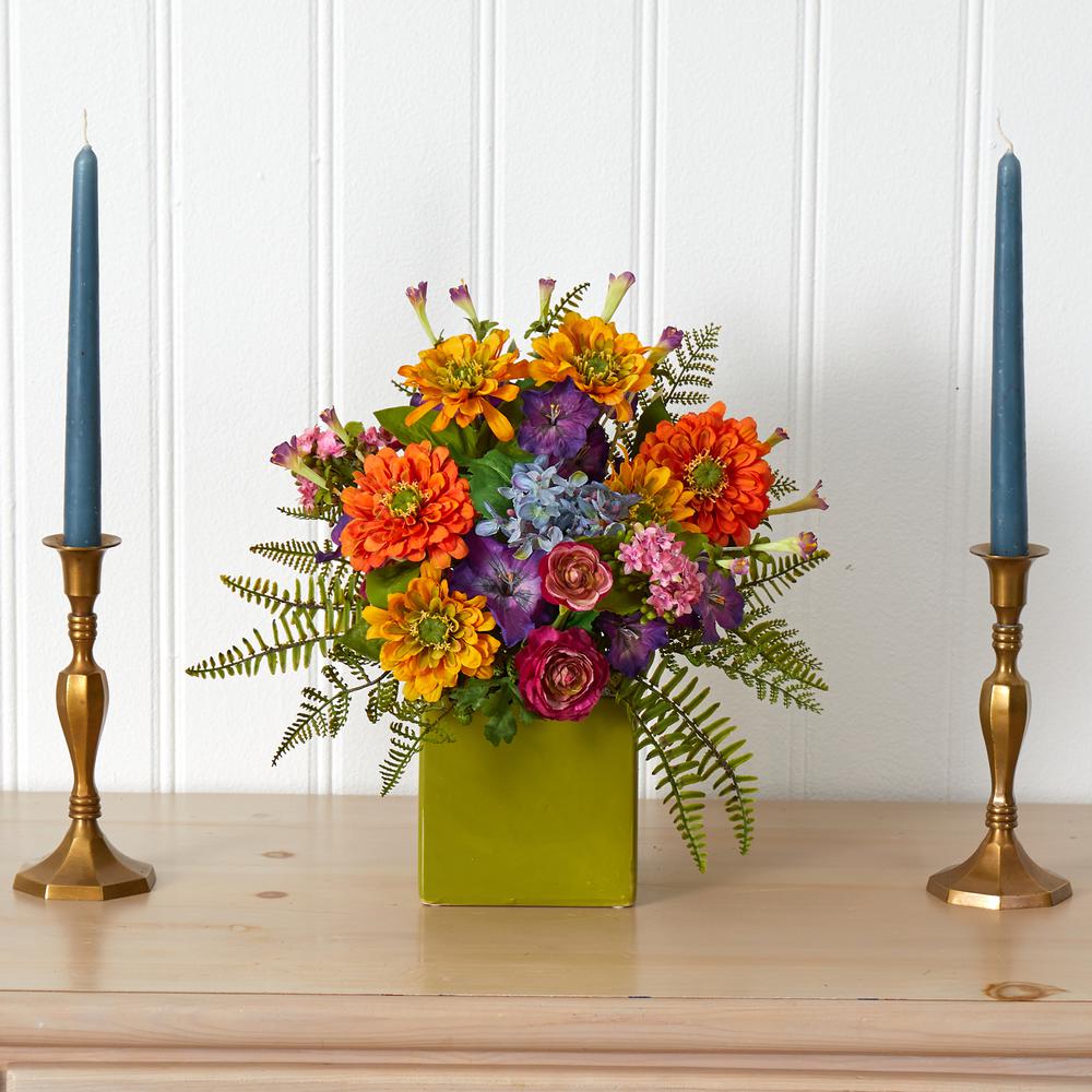 Mixed Floral Artificial Arrangement in Green Vase. Picture 2