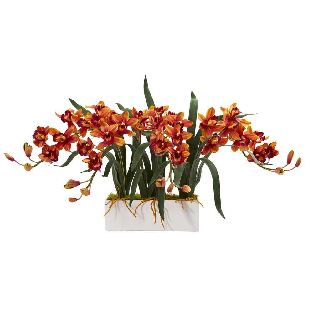 Cymbidium Artificial Arrangement in White Vase. Picture 1