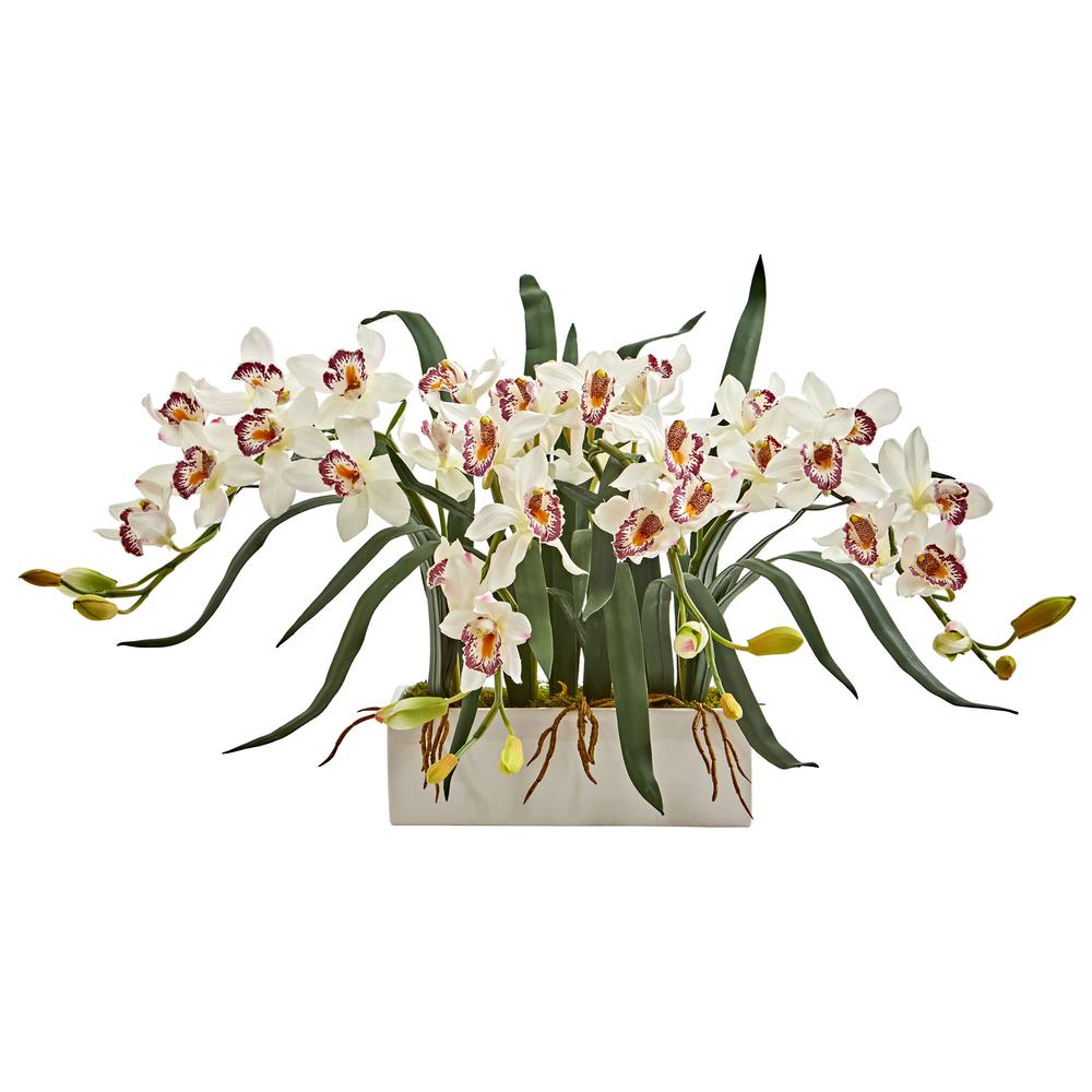 Cymbidium Artificial Arrangement in White Vase. Picture 1