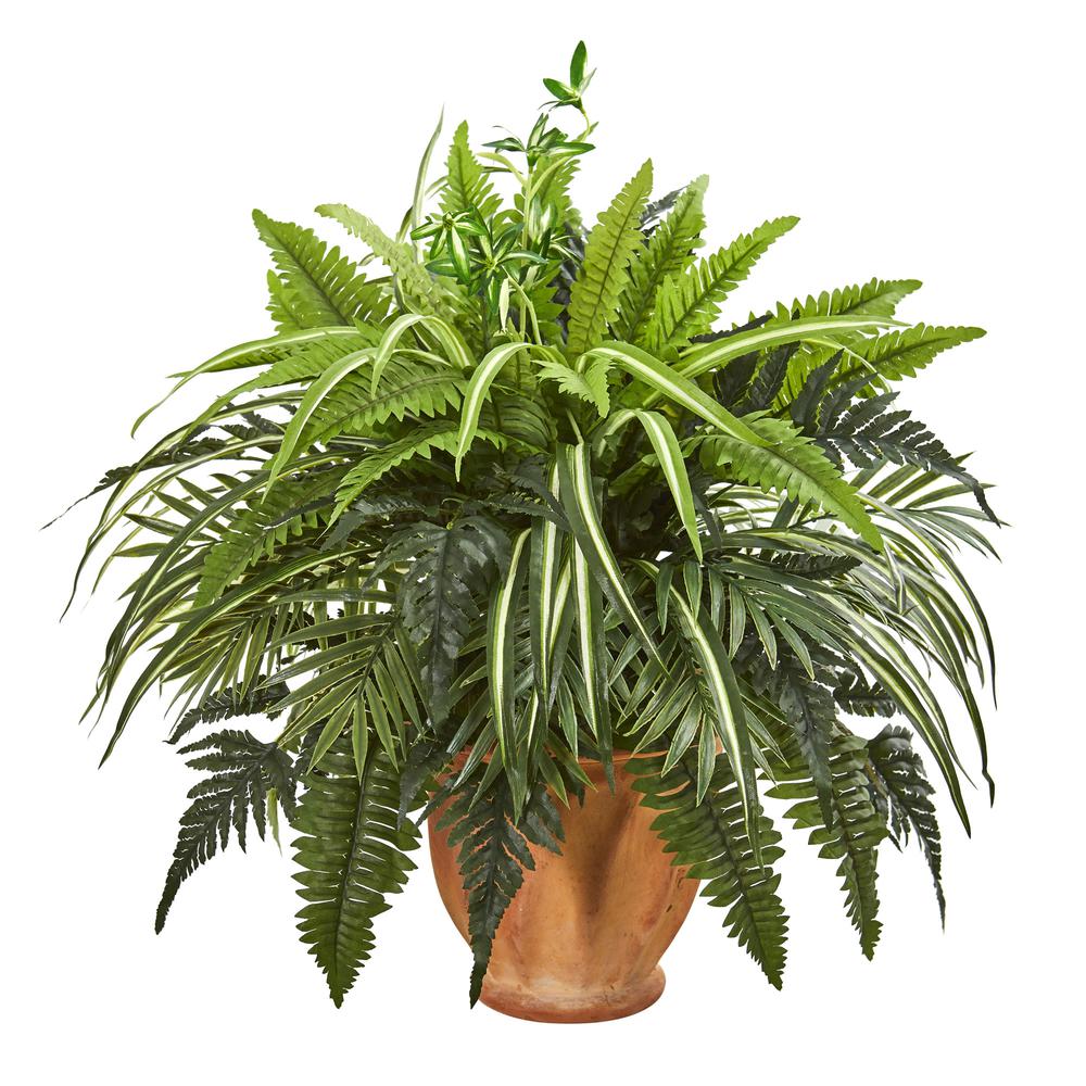 23in. Mixed Greens and Fern Artificial Plant in Terra Cotta Planter. Picture 1