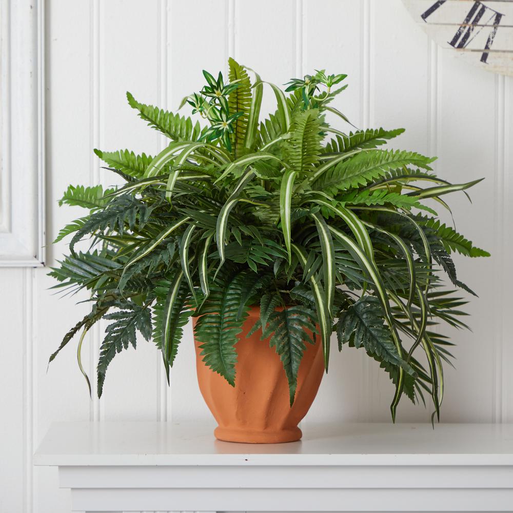 23in. Mixed Greens and Fern Artificial Plant in Terra Cotta Planter. Picture 6
