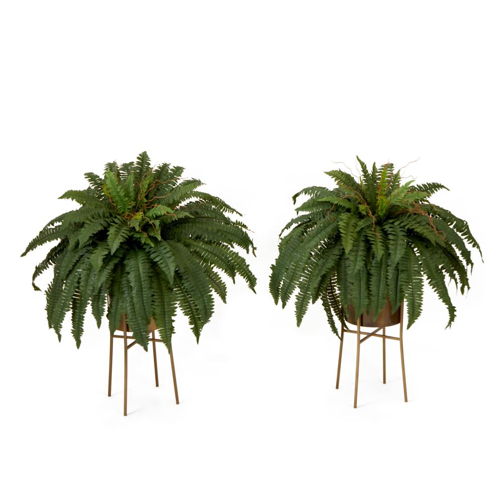 32in. Artificial Boston Fern Plant with Metal Planter (Set of 2). Picture 1
