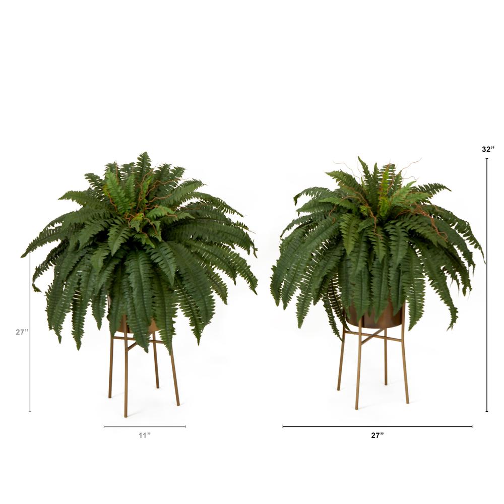 32in. Artificial Boston Fern Plant with Metal Planter (Set of 2). Picture 2