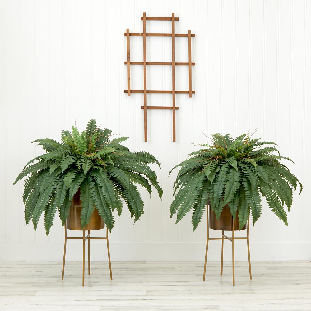 32in. Artificial Boston Fern Plant with Metal Planter (Set of 2). Picture 3