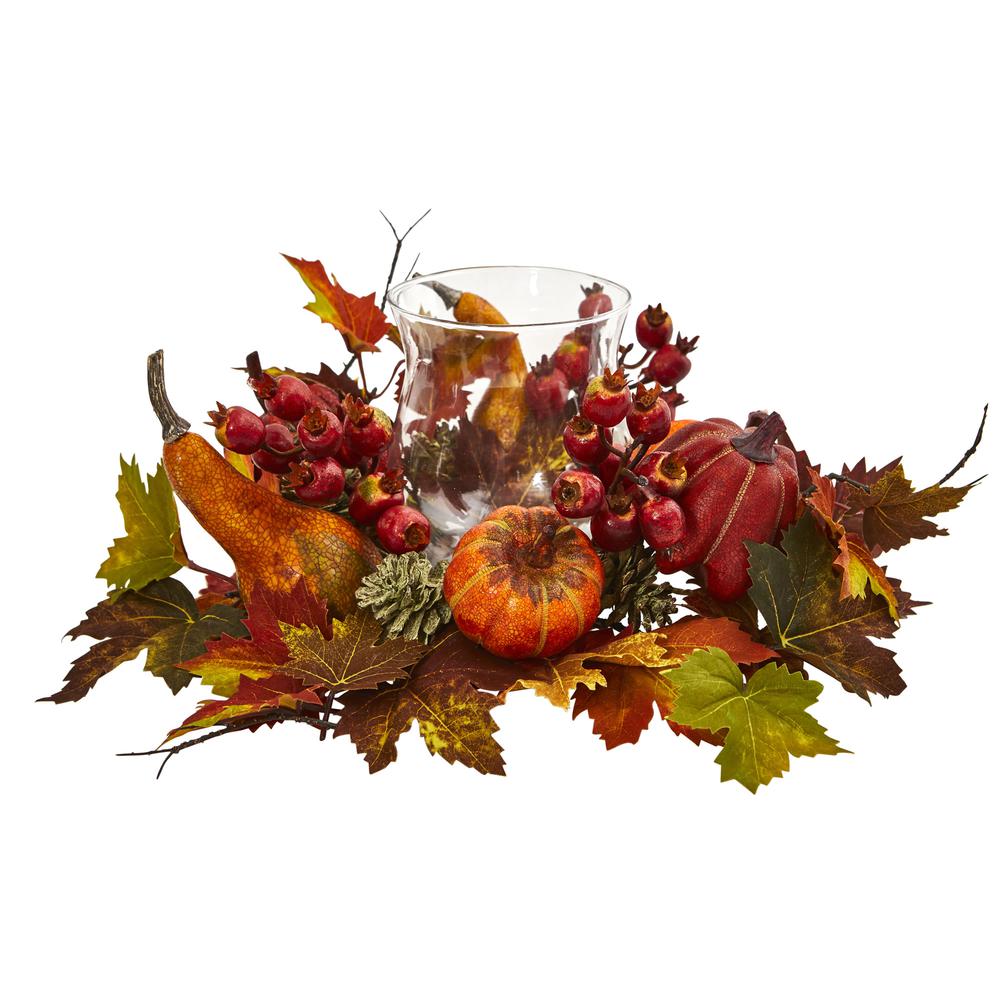 Pumpkin, Gourd, Berry and Maple Leaf Artificial Arrangement Candelabrum. Picture 1