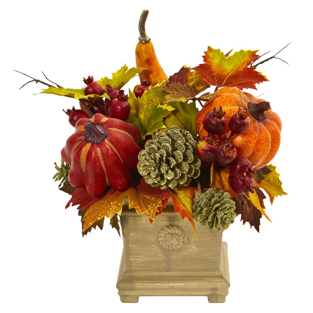 Pumpkin, Gourd, Berry and Maple Leaf Artificial Arrangement. Picture 1
