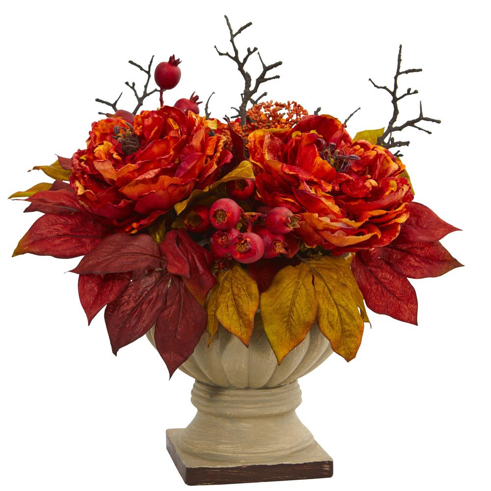 15in. Peony and Sedum Artificial Arrangement. Picture 1