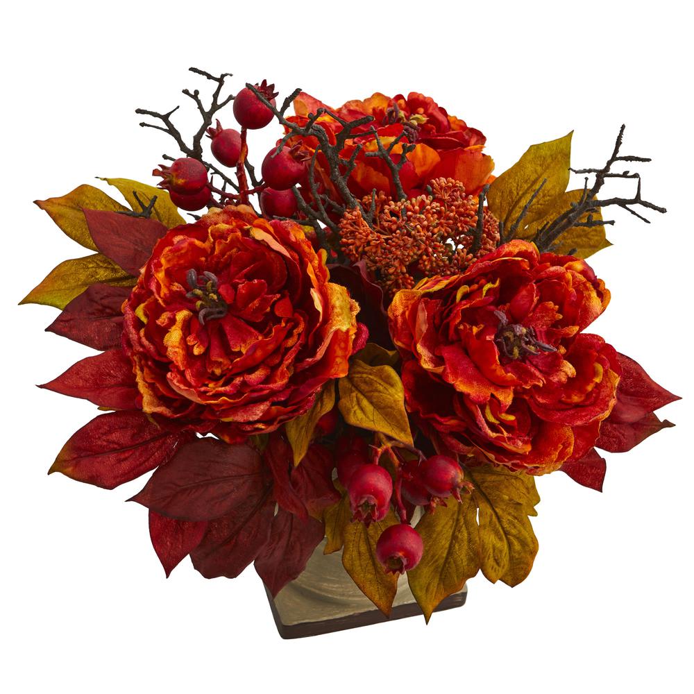 15in. Peony and Sedum Artificial Arrangement. Picture 2