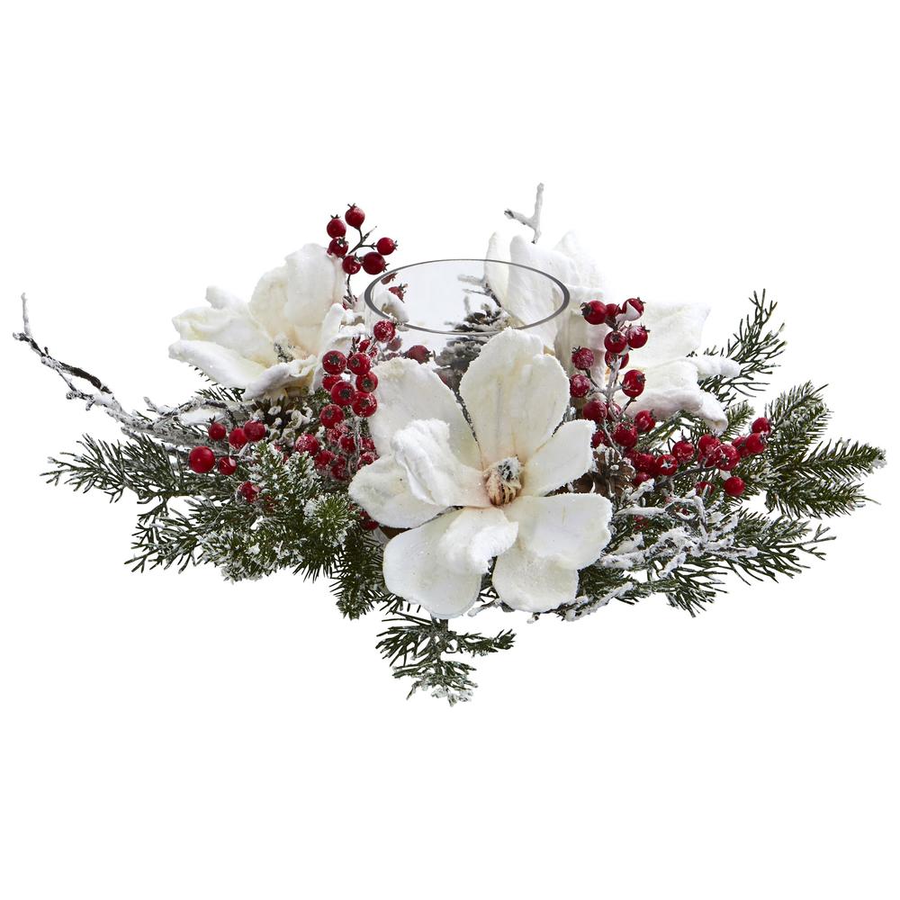 Frosted Magnolia & Berry Artificial Arrangement Candelabrum. Picture 1
