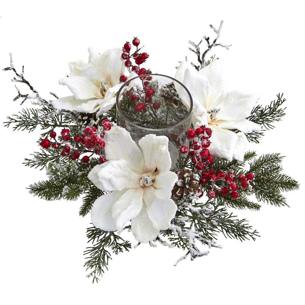 Frosted Magnolia & Berry Artificial Arrangement Candelabrum. Picture 2