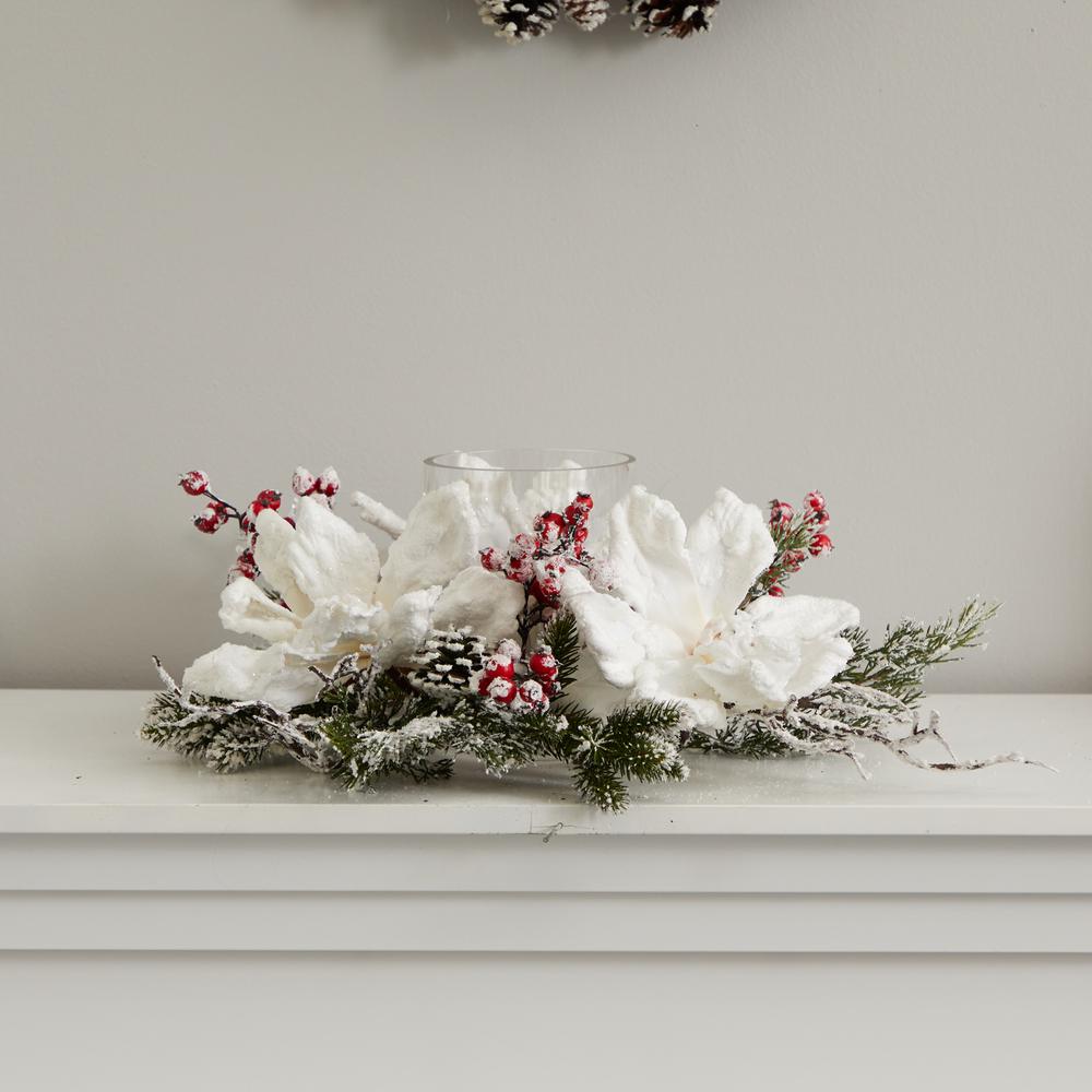 Frosted Magnolia & Berry Artificial Arrangement Candelabrum. Picture 4