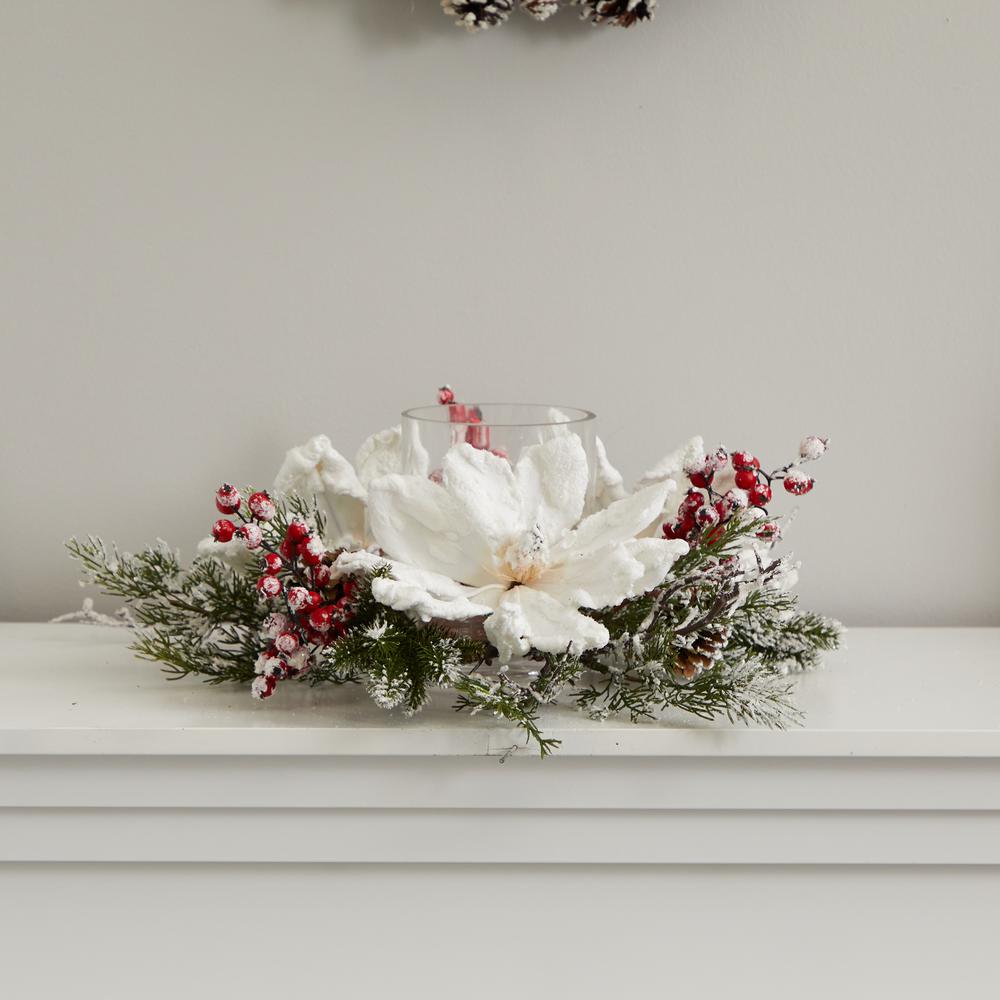 Frosted Magnolia & Berry Artificial Arrangement Candelabrum. Picture 5