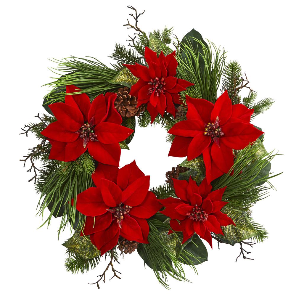 28in. Poinsettia and Pine Wreath. Picture 1