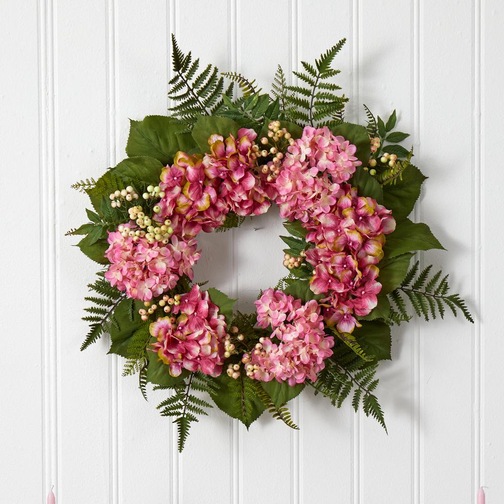 24in. Hydrangea Berry Wreath, Pink. Picture 2