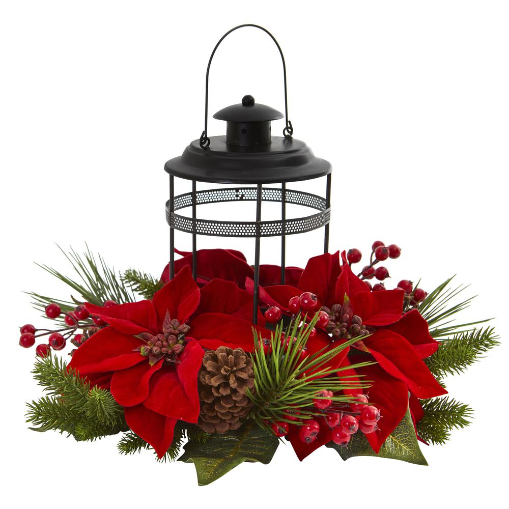 Poinsettia Berry Pine Artificial Arrangement Candelabrum. Picture 1