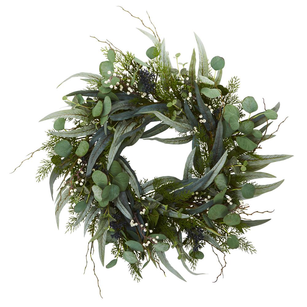 24in. Eucalyptus and Mixed Greens Artificial Wreath. Picture 1
