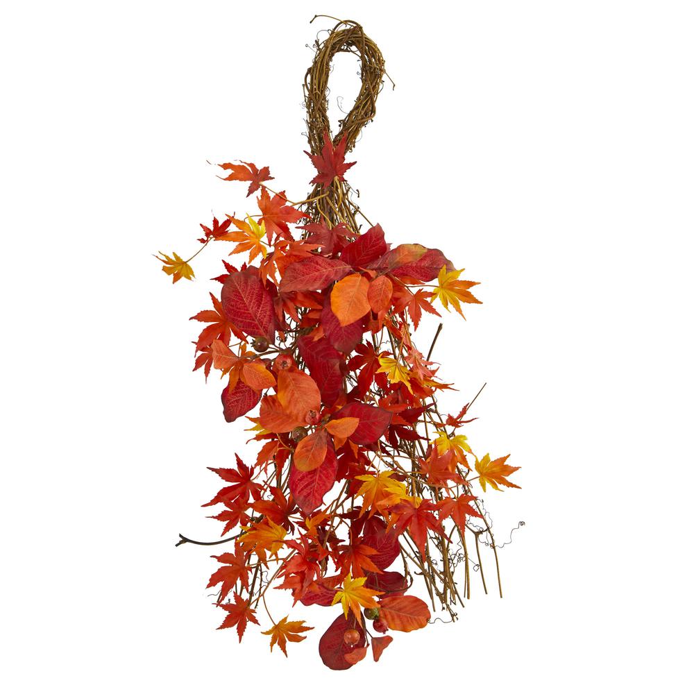 26in. Mixed Japanese Maple, Magnolia Leaf and Berries Artificial Teardrop. Picture 1