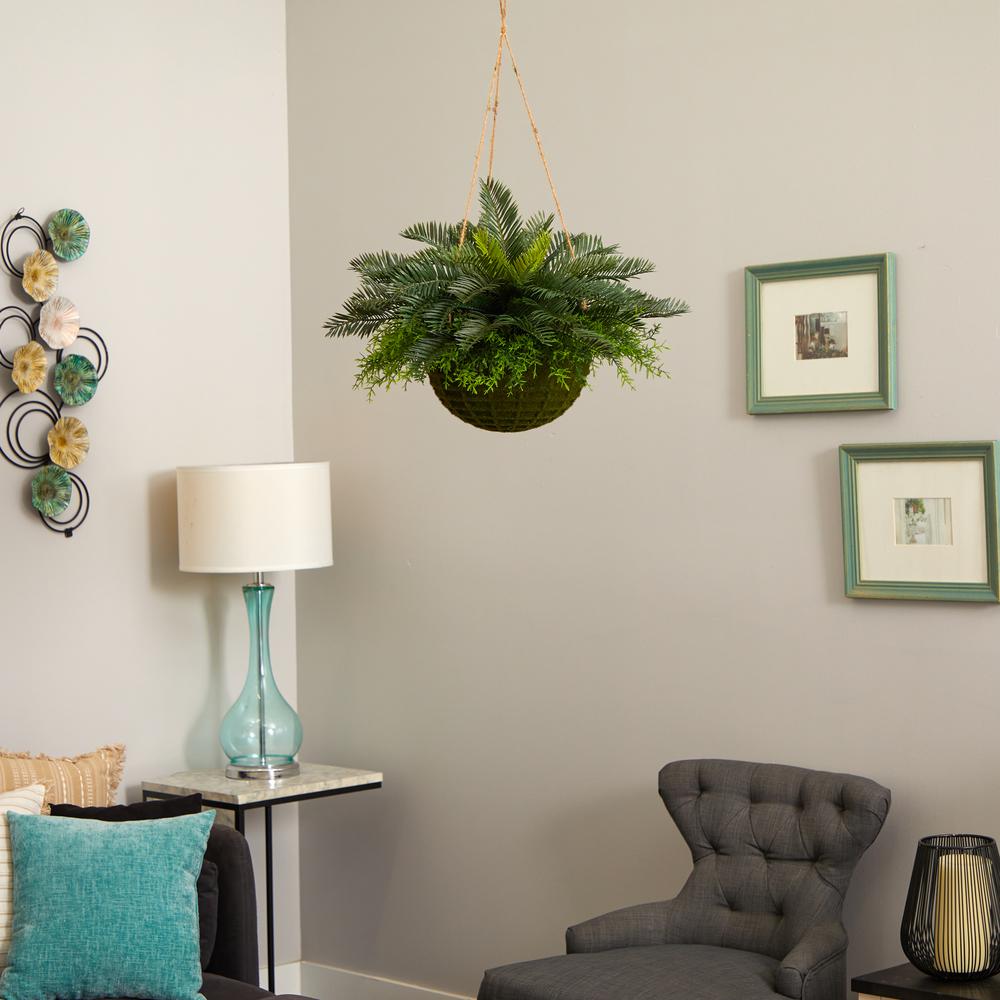 Cycas Artificial Plant in Mossy Hanging Basket (Indoor/Outdoor). Picture 3