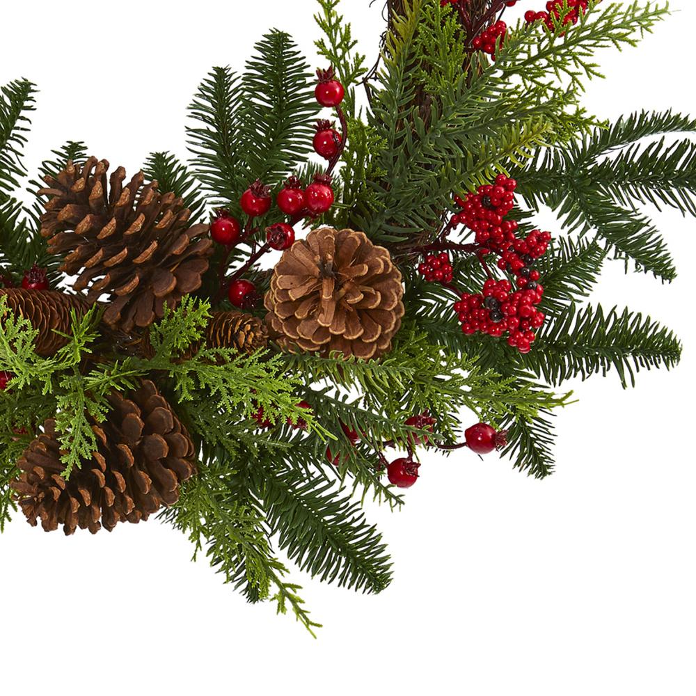 22in. Mixed Pine and Cedar with Berries and Pinecones Artificial Wreath. Picture 2