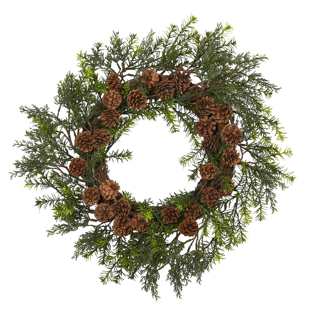 22in. Cedar, Grass and Pine Cone Artificial Wreath UV Resistant (Indoor/Outdoor). Picture 1