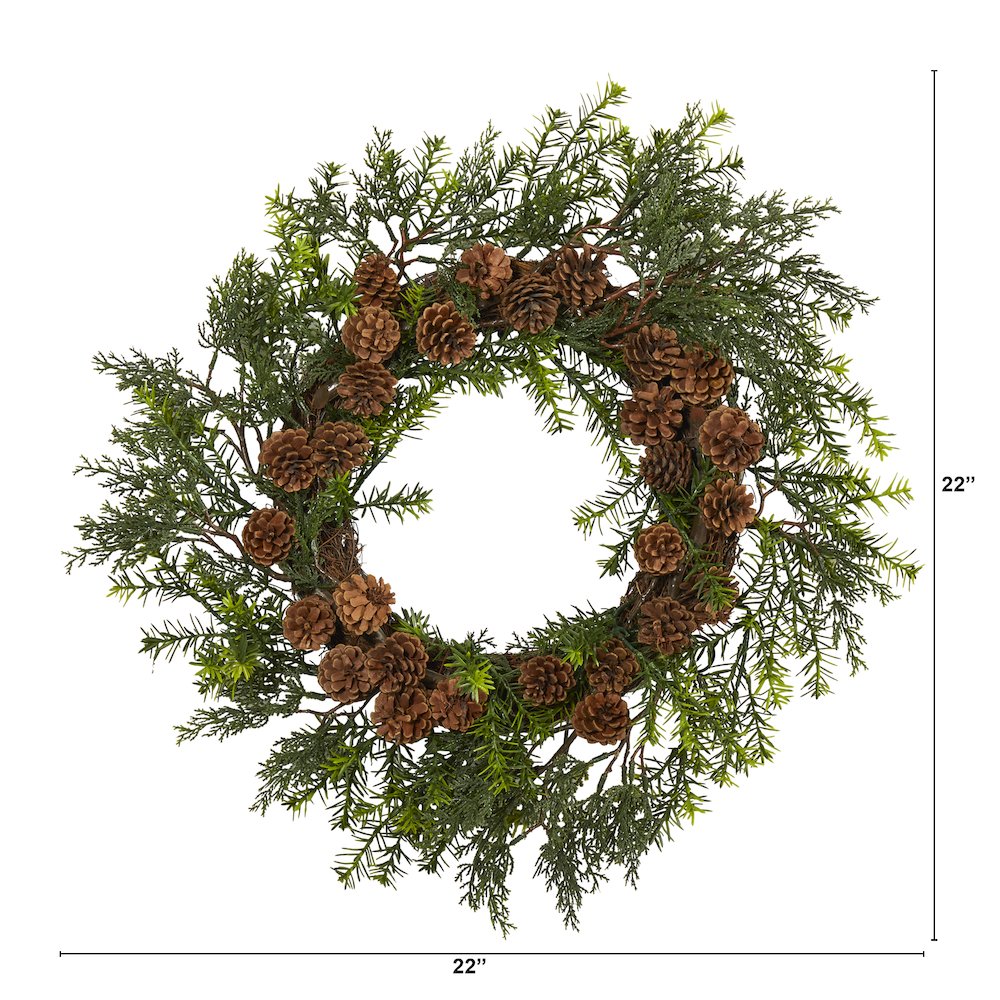 22in. Cedar, Grass and Pine Cone Artificial Wreath UV Resistant (Indoor/Outdoor). Picture 2