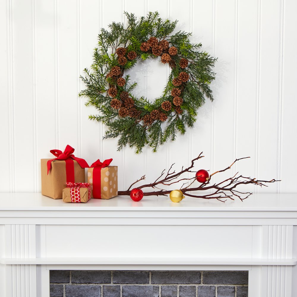 22in. Cedar, Grass and Pine Cone Artificial Wreath UV Resistant (Indoor/Outdoor). Picture 4