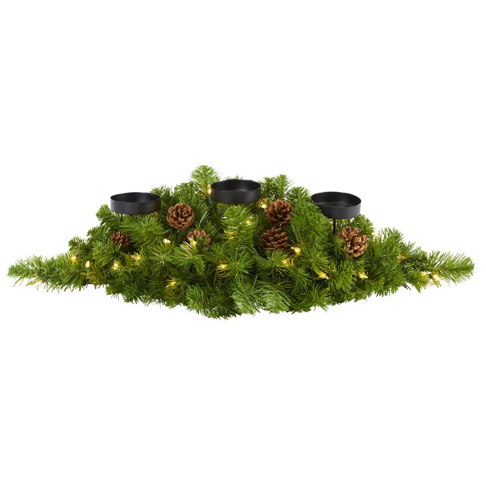 30in. Christmas Artificial Pine Triple Candelabrum with 35 Clear Lights and Pine Cones. Picture 2