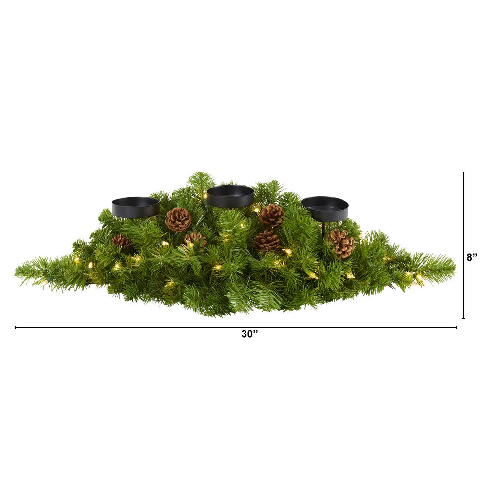 30in. Christmas Artificial Pine Triple Candelabrum with 35 Clear Lights and Pine Cones. Picture 1