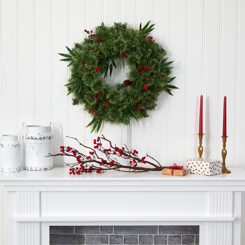 24in. Mixed Pine Artificial Christmas Wreath with 50 Multicolored LED Lights, Berries and Pine Cones. Picture 3