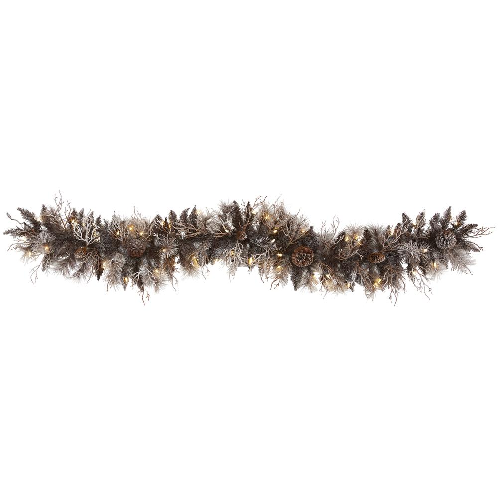 6ft. Flocked Artificial Christmas Garland with 50 White Warm LED Lights and Pine Cones. Picture 2