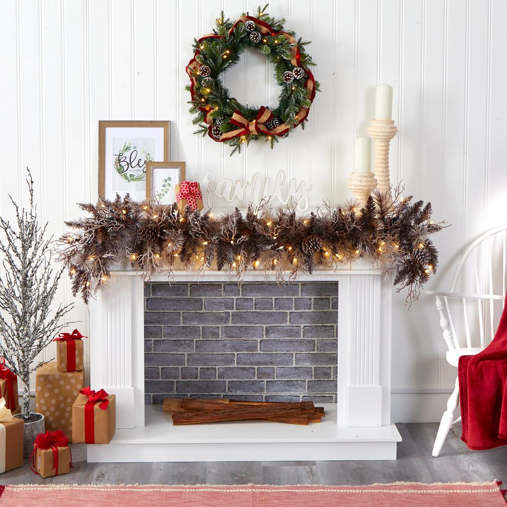 6ft. Flocked Artificial Christmas Garland with 50 White Warm LED Lights and Pine Cones. Picture 5