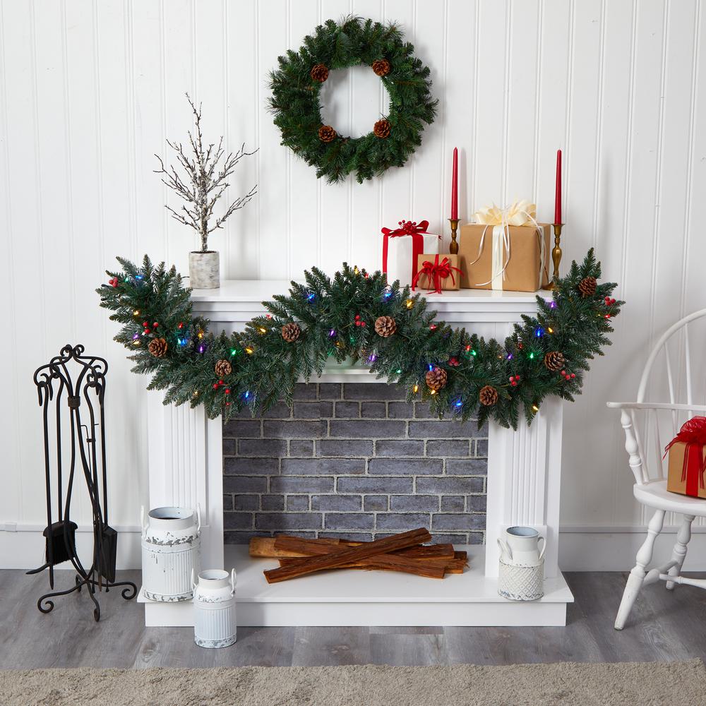 6ft. Snow Dusted Artificial Christmas Garland with 50 Multicolored LED Lights, Berries and Pinecones. Picture 5