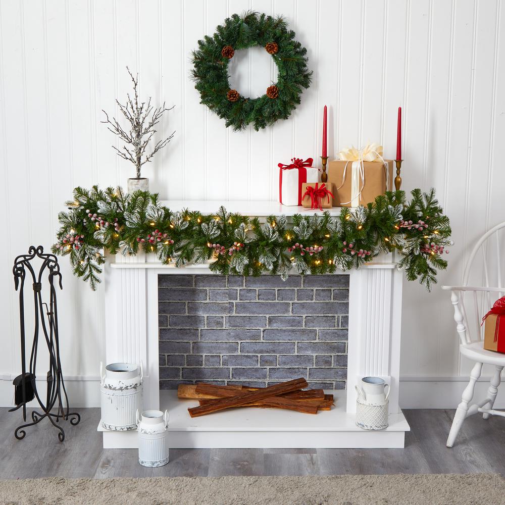 6ft. Snow Tipped Artificial Christmas Garland with 50 Warm White LED Lights and Berries. Picture 4