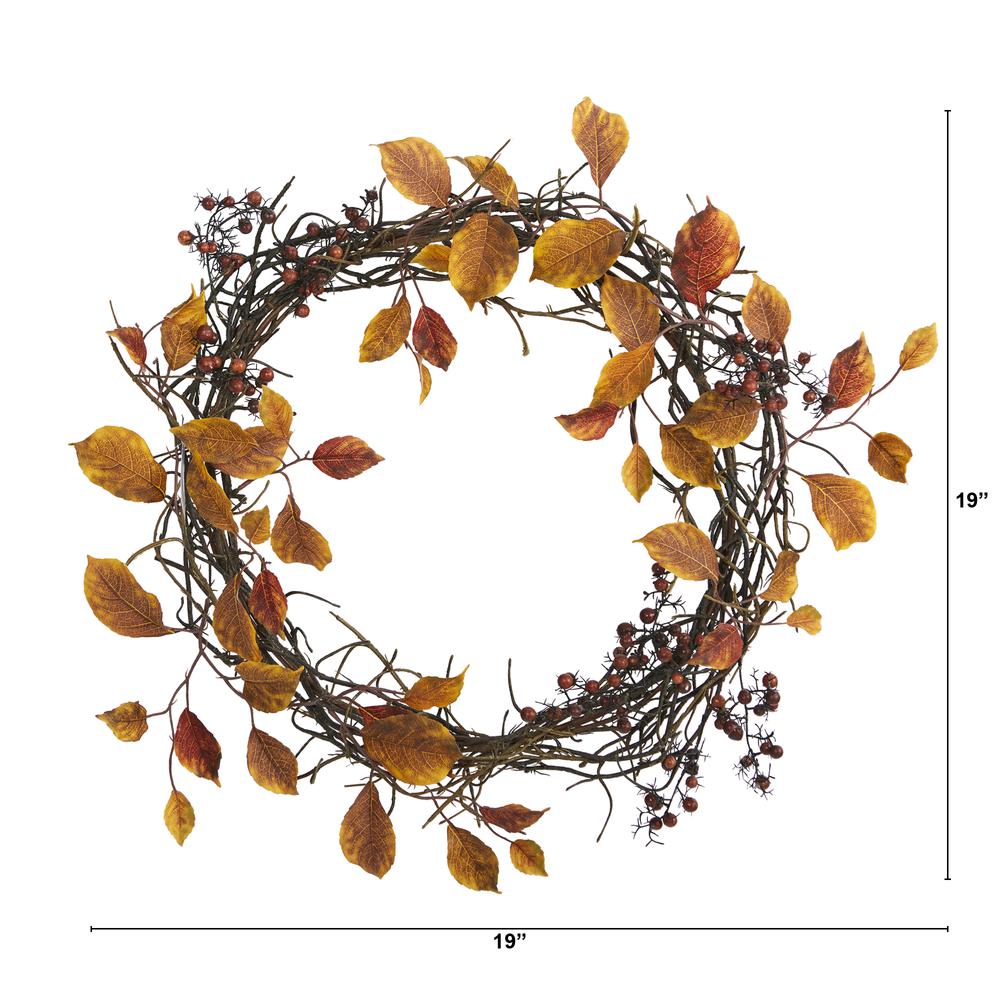 19in. Harvest Leaf, Berries and Twig Artificial Wreath. Picture 2