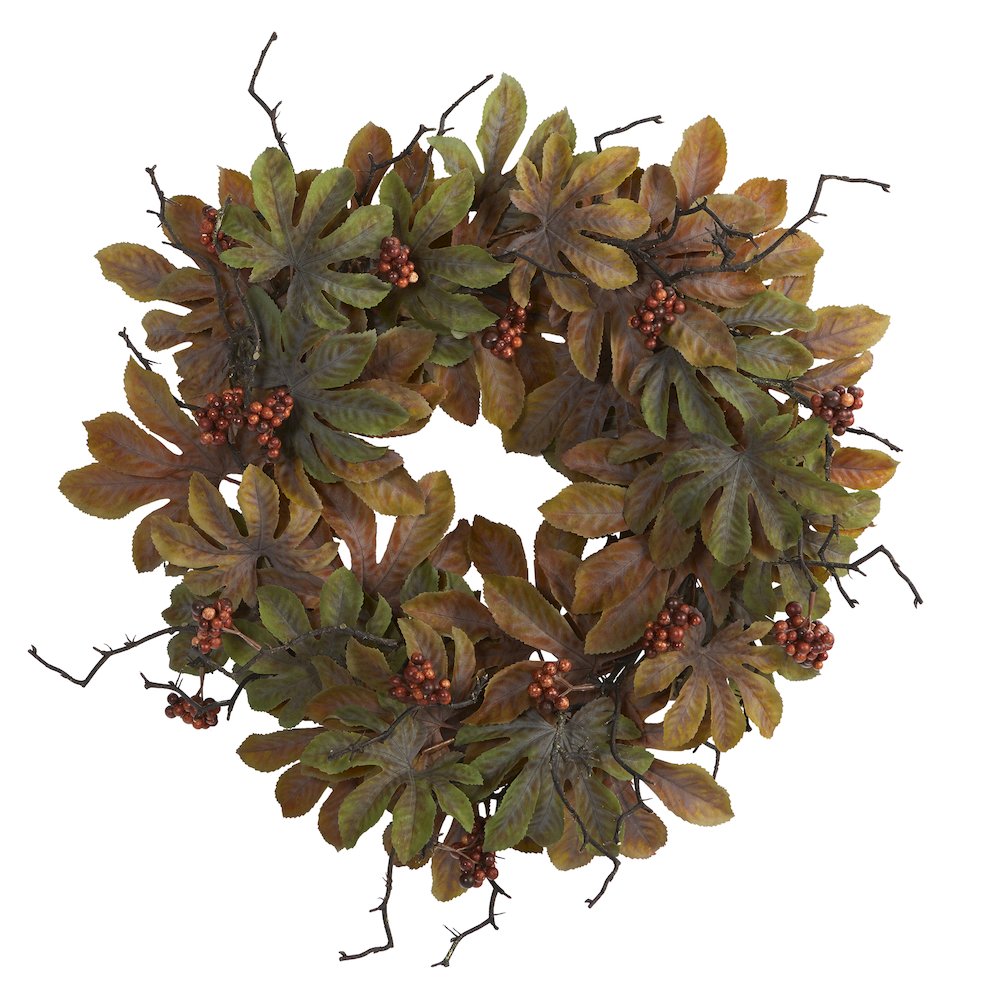 24in. Fatsia with Berries Autumn Artificial Wreath. Picture 1