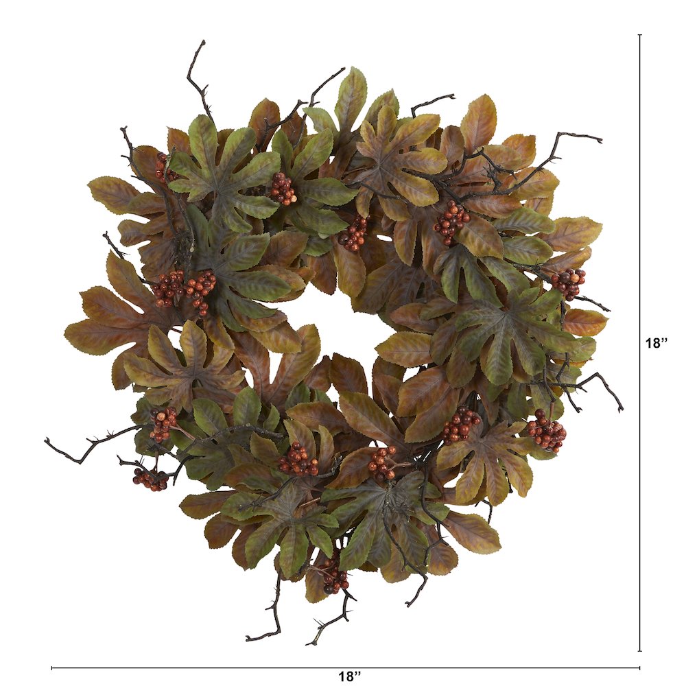 24in. Fatsia with Berries Autumn Artificial Wreath. Picture 2