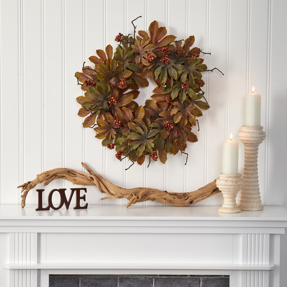 24in. Fatsia with Berries Autumn Artificial Wreath. Picture 4